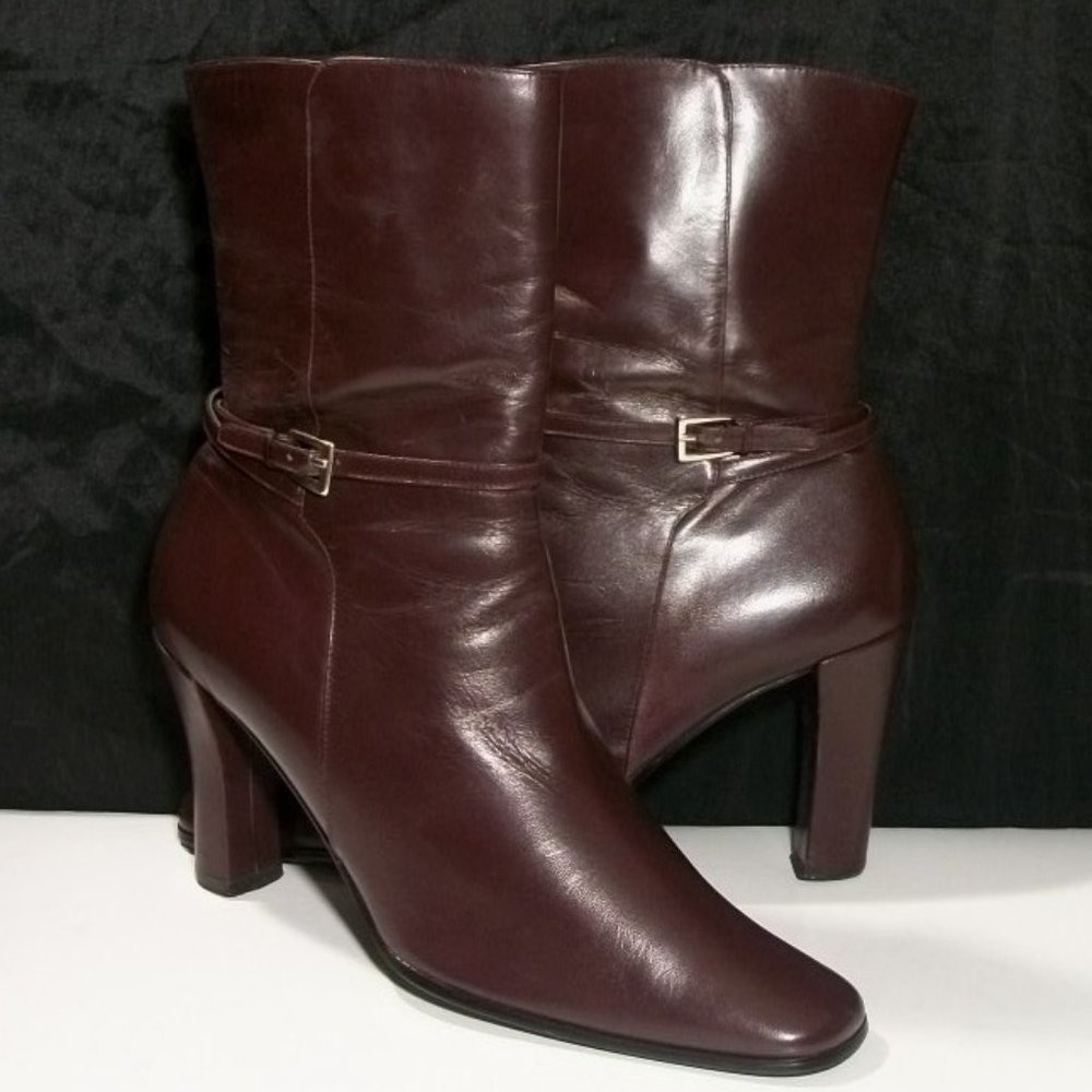 ANNE KLEIN RITZ ROSEWOOD PREMIUM LEATHER SIDE ZIP PUMP HIGH ANKLE BOOTS 8.5M
